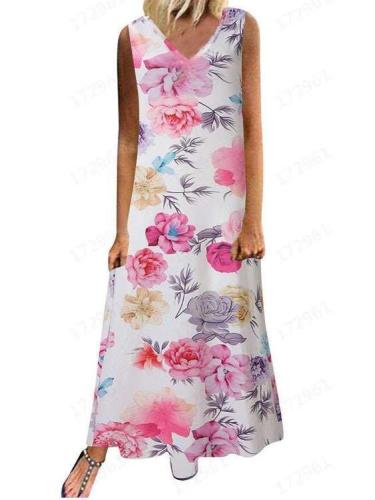 Fashion V neck Print Maxi Dresses