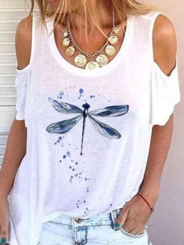 Casual Print Off shoulder Round neck Short sleeve T-Shirts