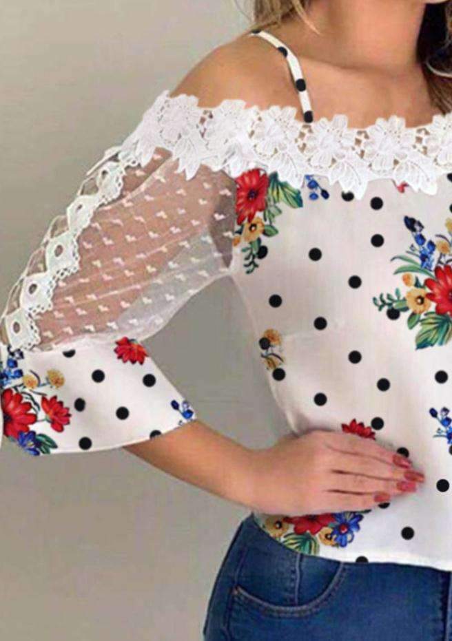 Fashion Lace Print One shoulder Half sleeve T-Shirts