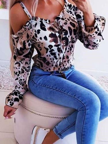 Fashion Leopard print Vest Long sleeve Off shoulder T-Shirts