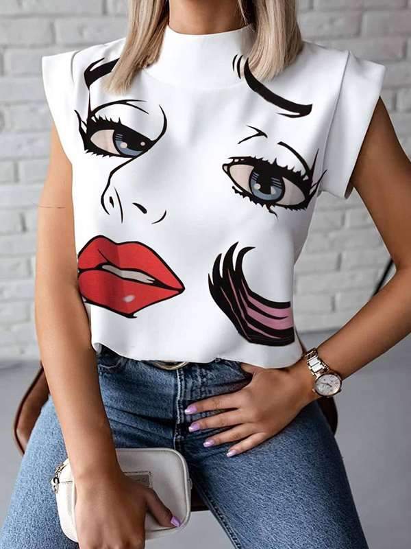 Summer simple stand-up printed blouses