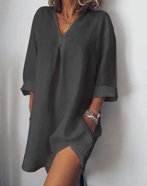 Casual Loose Pure V neck Point Long sleeve Shift Dresses
