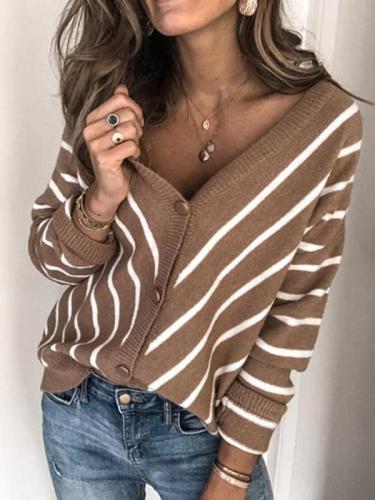 Women v neck knit stripe long sleeve sweaters