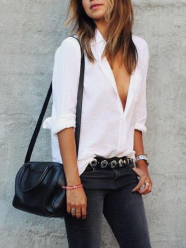 Turn Down Collar  Single Breasted  Plain  Blouses