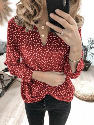 Wave dot printed v-neck long sleeve top blouses
