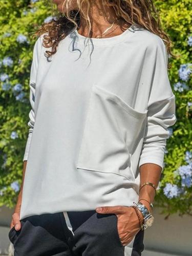 Casual Pure Round neck Pocket T-Shirts