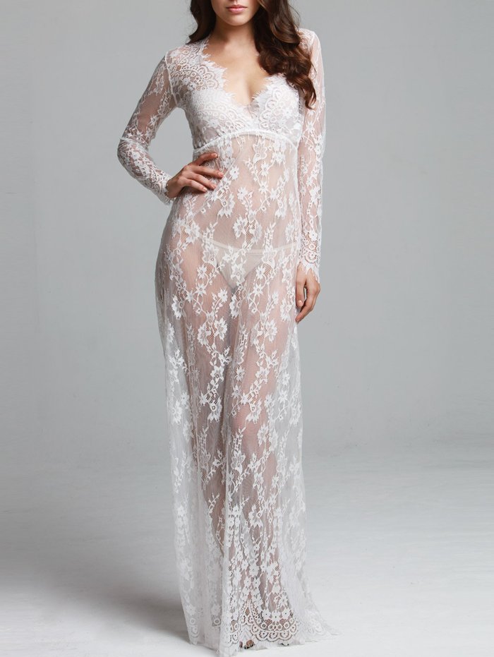 Floor-Length  Lace Adjust Waist Sexy See Through Hollow Out  Evening Dress