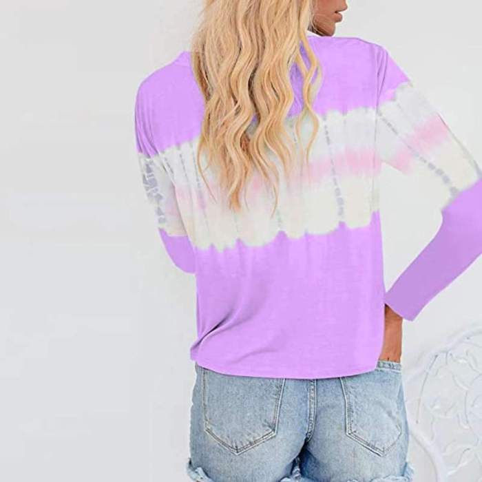 Fashion Casual Tie-dyed Round neck Fastener Long sleeve T-Shirts