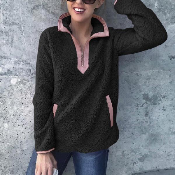 Long Sleeve Warm V-neck with Pocket Women Sweatshirt