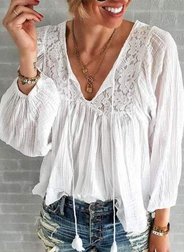 Fashion Casual Pure V neck Long sleeve Gored Lace Blouses