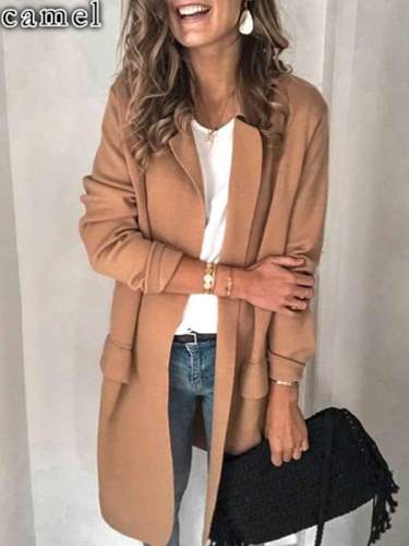 Solid color turn down neck long sleeve long blazers