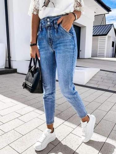 Casual style high waist washed jeans long pants for women