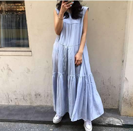 Casual Pure Gored Round neck Sleeveless Maxi Dresses