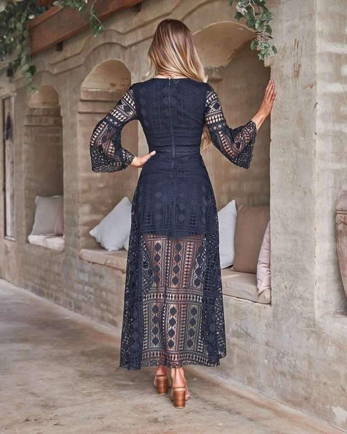 Fashion Sexy Lace V neck Long sleeve Hollow out Irregular Maxi Dresses