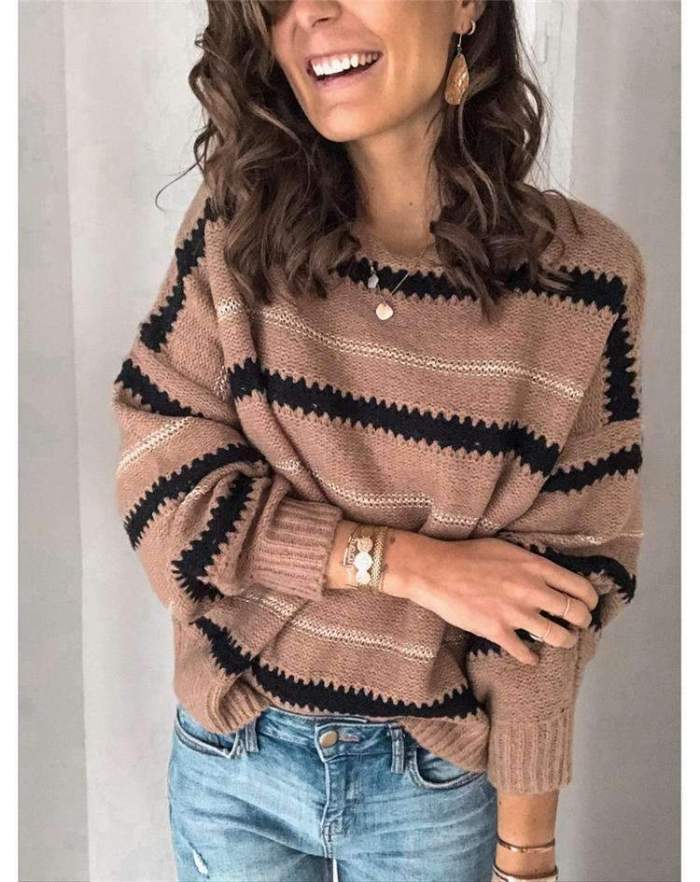 Fashion Casual Stripe Round neck Long sleeve Knit Sweaters