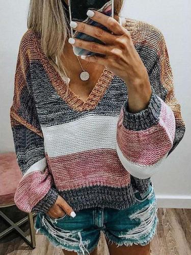 Fashion Casual Stripe V neck Long sleeve Knit Sweaters