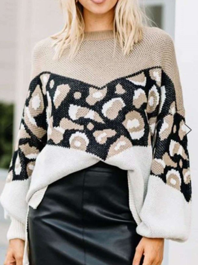 Fashion Casual Print Gored Round neck Long sleeve Sweaters