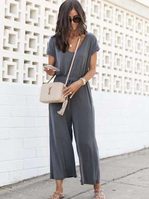 Casual V neck Pure Short sleeve Jumpsuits