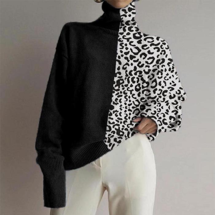 Fashionable loose high collar leopard stitching sweater