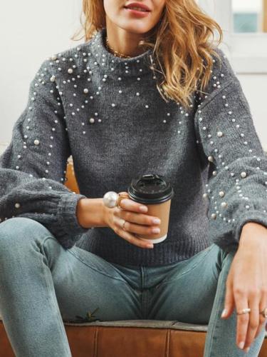 Gray Puff Sleeves Beading Sweater Tops