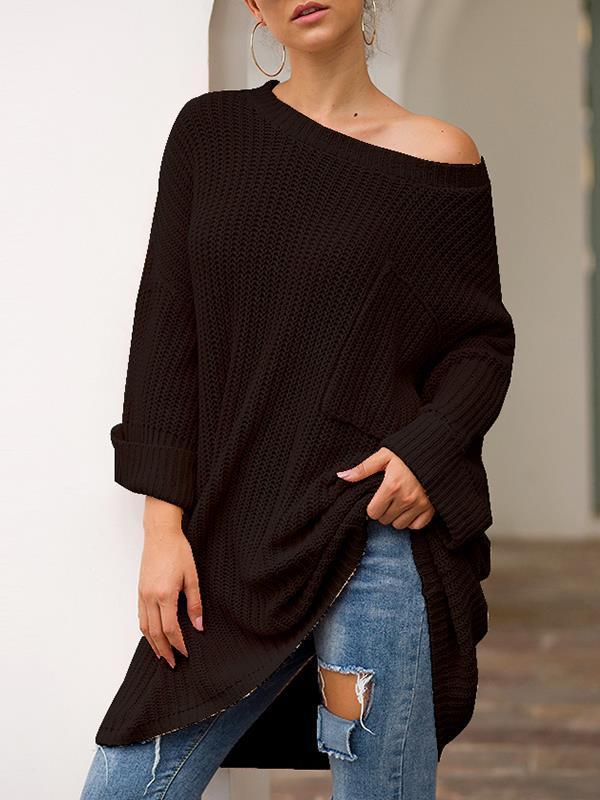 One off shoulder plain long sleeve pocket design sweaters