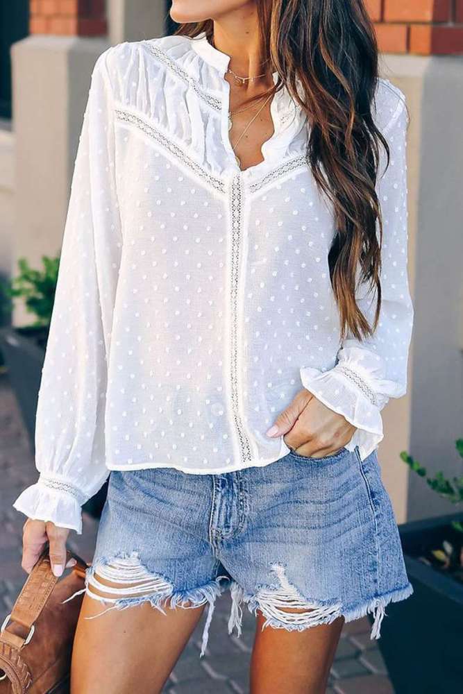 Pure Stand collar Long sleeve Blouses