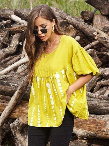 Loose Casual Print Round neck Gored Short sleeve T-Shirts