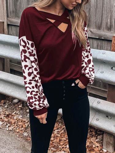V-neck crossed leopard print casual long-sleeve T-shirts