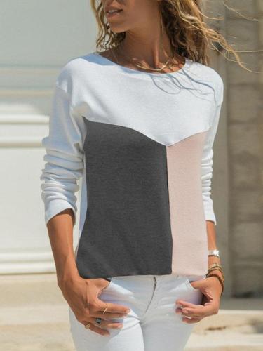 Spring Three Color Mosaic Casual Round Collar Long Sleeve T-shirt