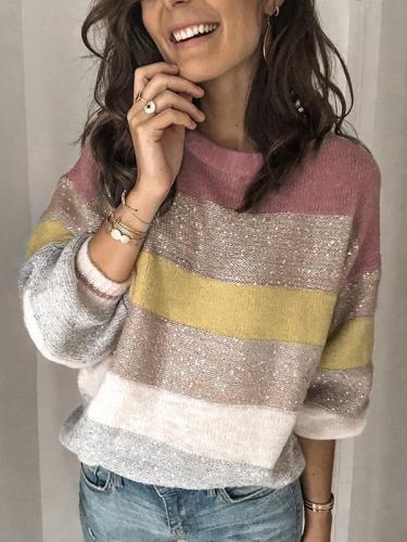 Casual loose round neck multi-color patchwork knit sweaters