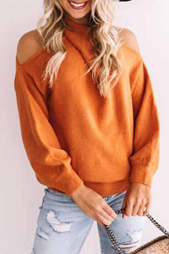 Fashion Casual Pure V neck Off shoulder Long sleeve Sweaters