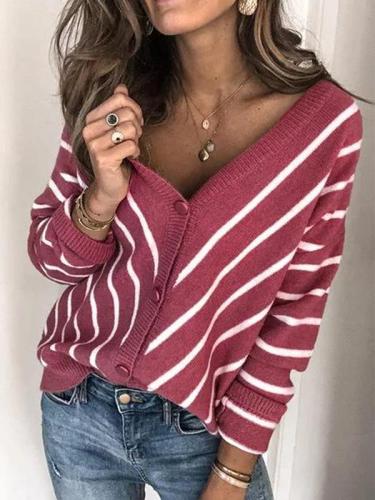 Women v neck knit stripe long sleeve sweaters