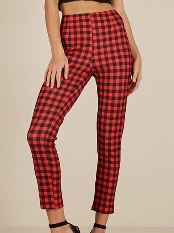 Casual plain grid fashion long pants