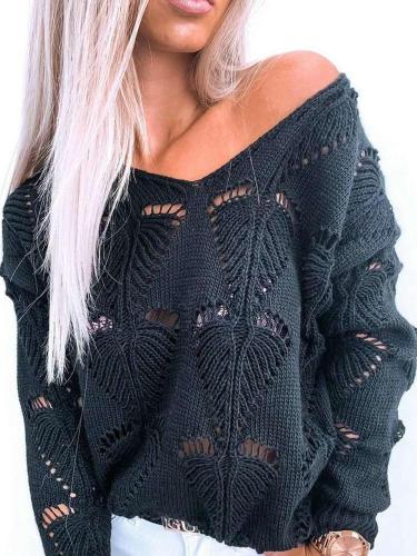 Casual Loose Pure Hollow out V neck Long sleeve Sweaters