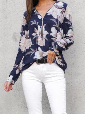 Printed Zipper Sexy V-Neck Long-Sleeved Blouses