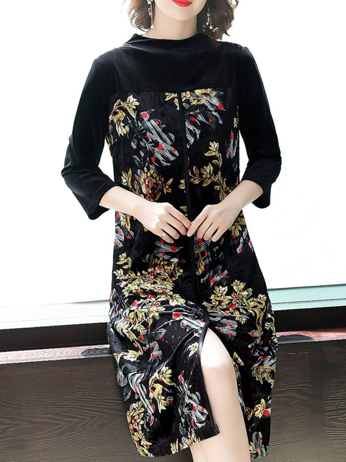 Elegant Floral Paneled Slit Midi Dress