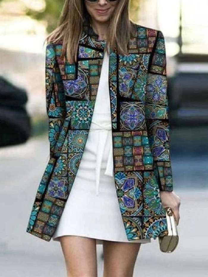 Fashion Print Stand collar Long sleeve Coats