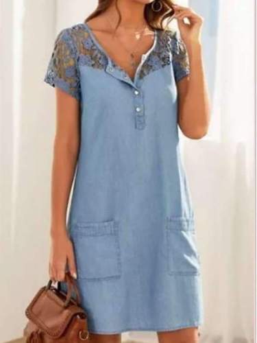 Casual Pure Lace Hollow out Round neck Short sleeve Pocket Shift Dresses