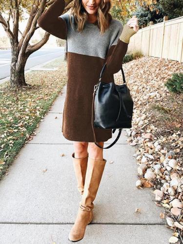 Loose round collar knit long sleeve shift dresses