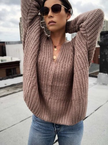 Casual Loose Pure V neck Long sleeve Knit Sweaters