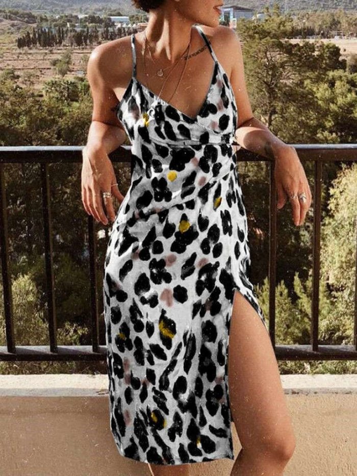 New Leopard print Drape Vent Vest Shift Dresses