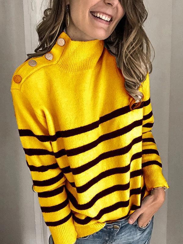 Chic high neck women long sleeve stripe sweaters