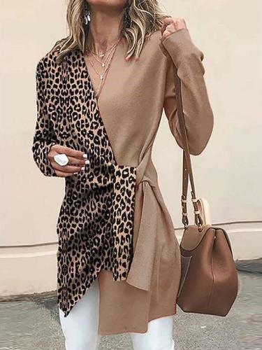 Leopard print V neck Gored Long sleeve Lacing Coats