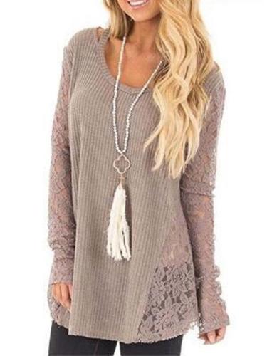 Round Neck Lace Patchwork Hollow Out Knitted Sweaters