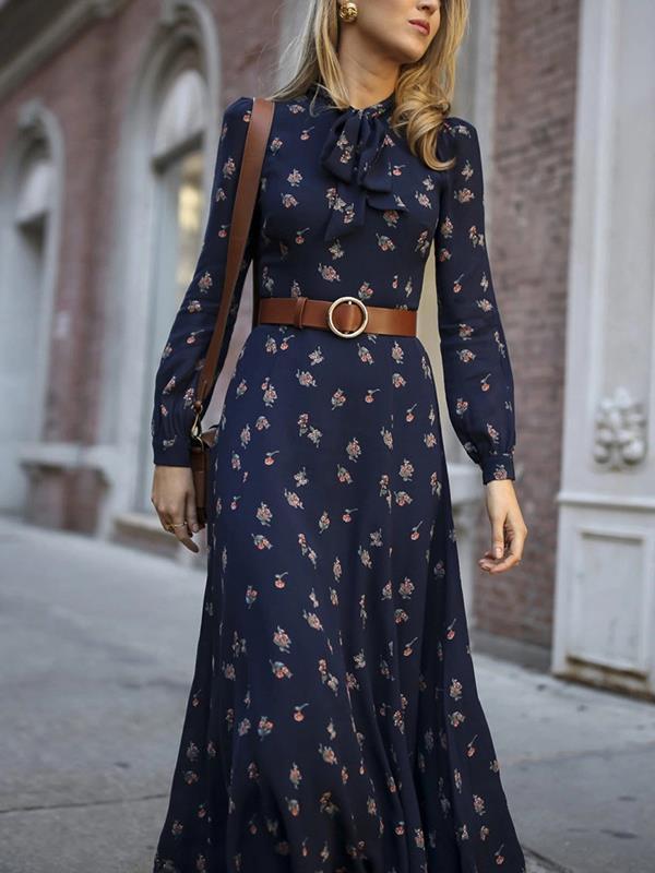Elegant women printed long sleeve maxi dresses