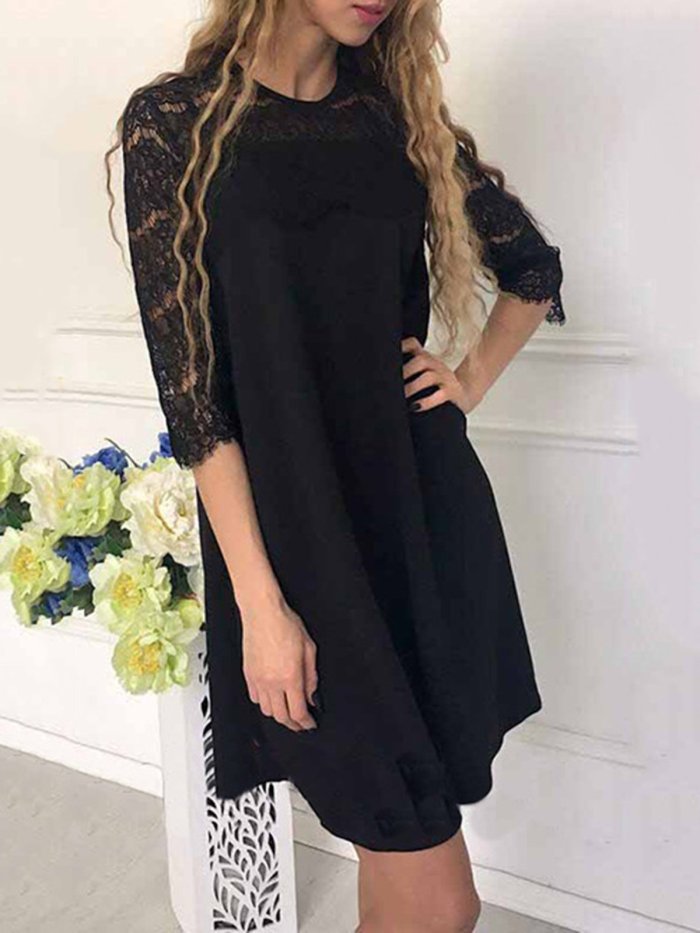 Lace Paneled Casual Solid Dress