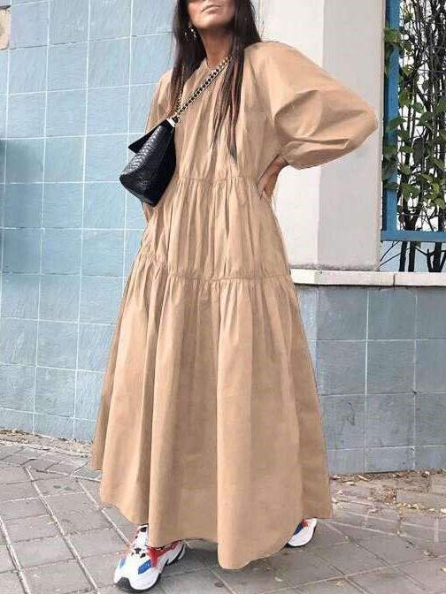 Casual Loose Pure Gored Round neck Long sleeve Maxi Dresses