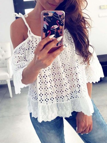 Casual Vest Lace Hollow out Off shoulder Short sleeve Gored T-Shirts