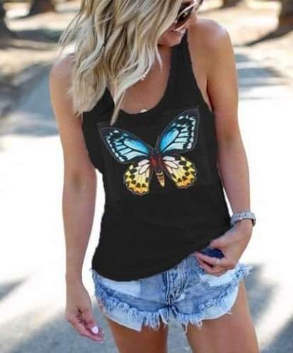 Fashion Butterfly print Round neck Vests