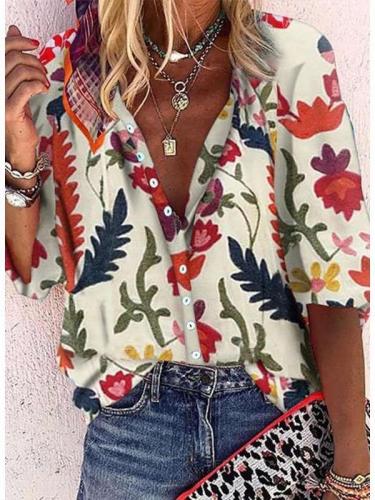 Casual Print Stand collar Long sleeve Blouses